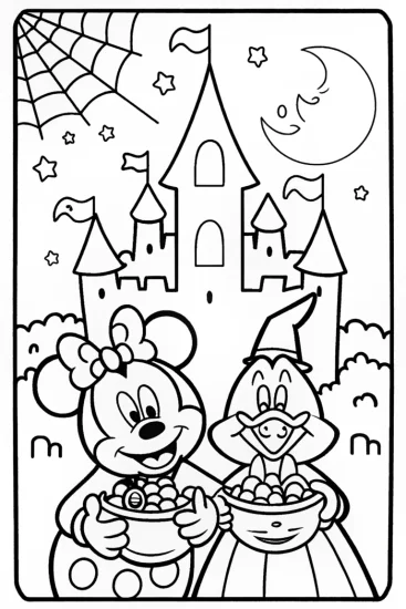 A coloring page of Minnie Mouse and Donald Duck Halloween Coloring Page