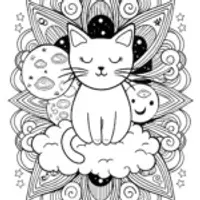 Luna the Cat in a Cosmic Dreamscape Coloring Page