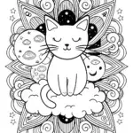 Luna the Cat in a Cosmic Dreamscape Coloring Page