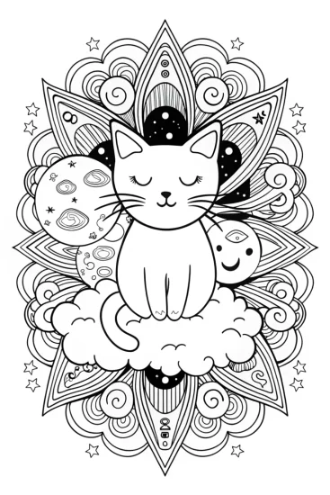 A coloring page of Luna the Cat in a Cosmic Dreamscape Coloring Page