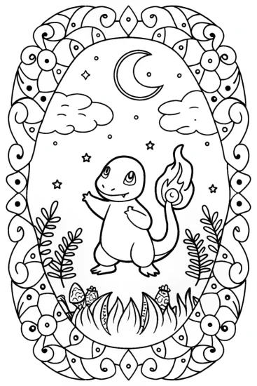 A coloring page of Charmander’s Magical Night Under the Stars