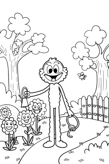 A coloring page of Huggy Wuggy’s Colorful Monster Garden Adventure