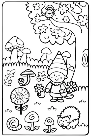 A coloring page of Springtime Garden Gnome Adventure Coloring Page