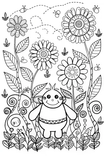 A coloring page of Banban’s Bright Garden Journey