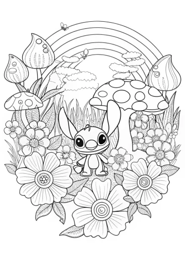 A coloring page of Stitch’s Magical Garden Adventure Coloring Page