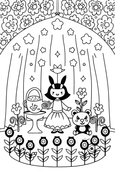 A coloring page of Kuromi’s Enchanting Tea Party Adventure