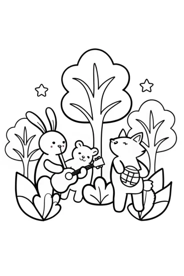 A coloring page of Rainbow Melody’s Musical Adventure in the Enchanted Forest