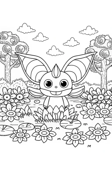 A coloring page of Banban’s Adventure in the Enchanted Flower Garden