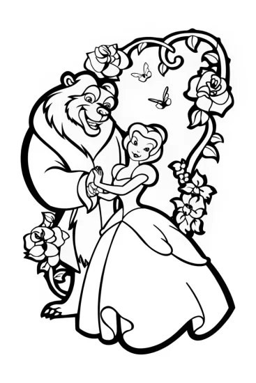 A coloring page of The Enchanted Rose Garden with Belle and the Beast