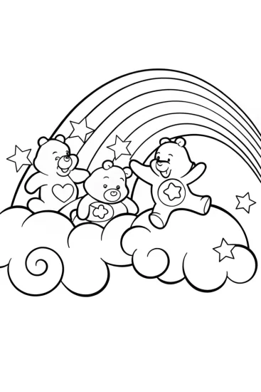 A coloring page of Care Bears’ Cloud Adventure with Funshine and Friends