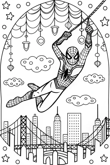 A coloring page of Miles Morales Swinging Through the City Skyline