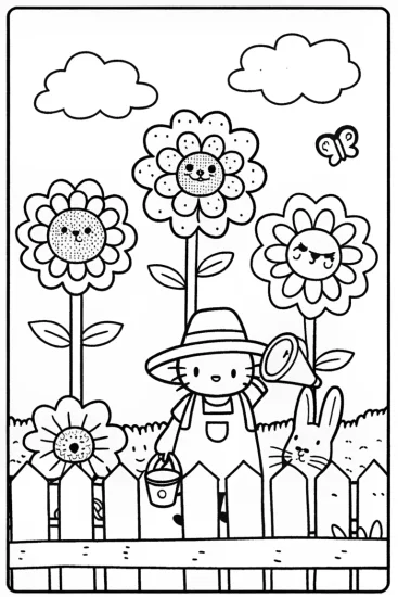 A coloring page of Hello Kitty’s Garden Adventure with Friends