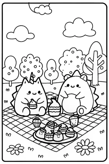 A coloring page of Squishmallow Picnic Party Fun with Unicorn and Dinosaur!
