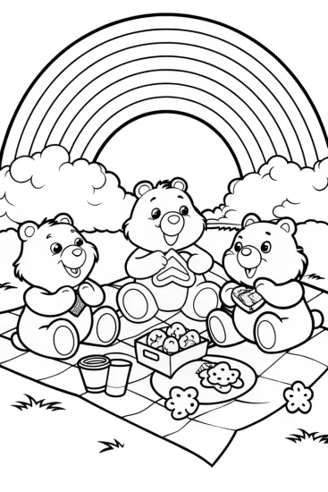 A coloring page of Care Bears Picnic Under the Rainbow