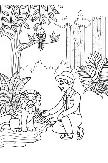 A coloring page of Blippi’s Fun Day with a Lion in the Animal Kingdom