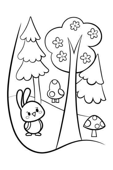 A coloring page of Chick’s Enchanted Journey Through the Forest