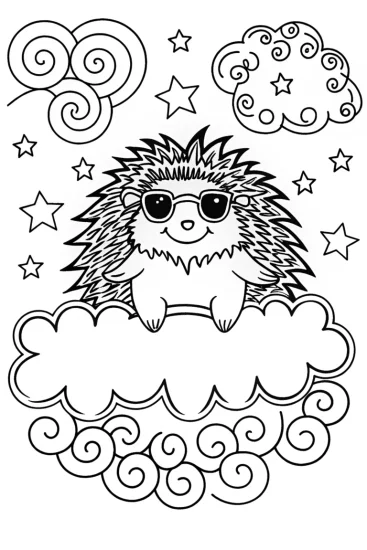 A coloring page of Joyful Hedgehog on a Cloud Coloring Page