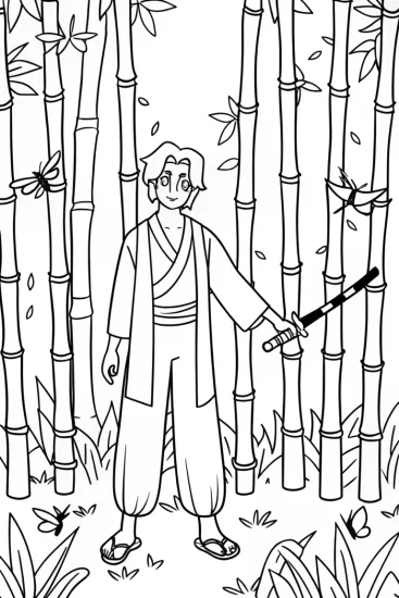A coloring page of The Brave Demon Slayer in the Bamboo Forest