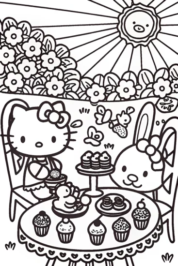 A coloring page of Hello Kitty’s Sweet Tea Party with Friends!