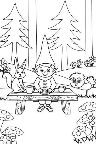 A coloring page of Gnome Tea Party with Friends in the Enchanted Forest