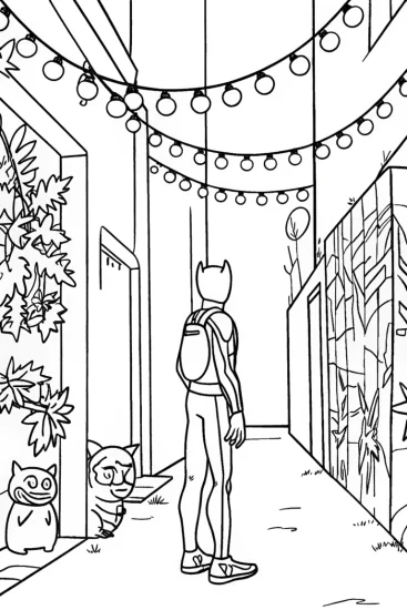 A coloring page of Miles Morales in the Vibrant Alleyway Coloring Page