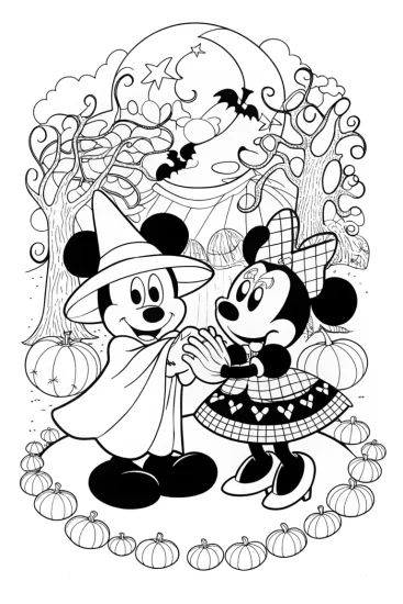 A coloring page of Mickey and Minnie’s Halloween Spooktacular Adventure