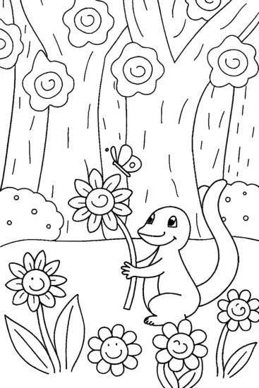 A coloring page of Charmander’s Flower Adventure in a Sunny Meadow