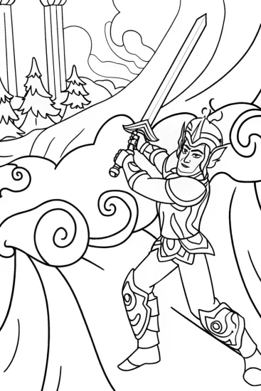 A coloring page of Epic Showdown at the Rift: Heroic Battle of the Elven Knight