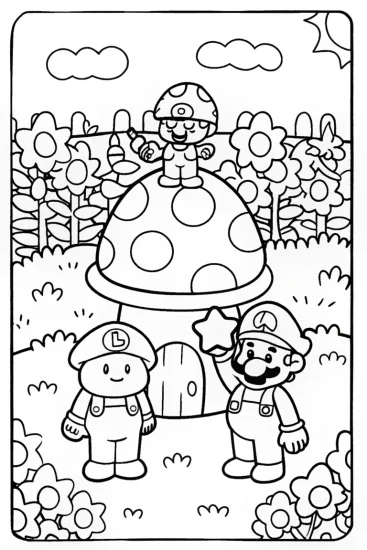 A coloring page of Mario and Luigi’s Fun in the Mushroom Garden!