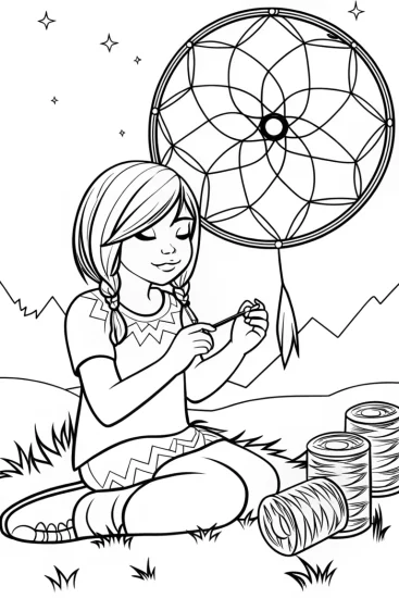 A coloring page of Stitching Dreams with a Dreamcatcher