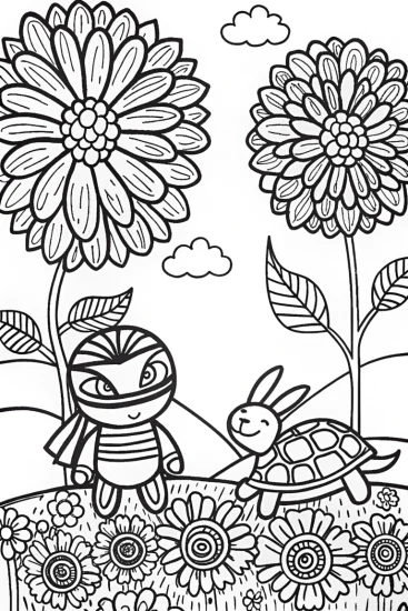 A coloring page of Ninja Garden Adventure with Tilly the Turtle