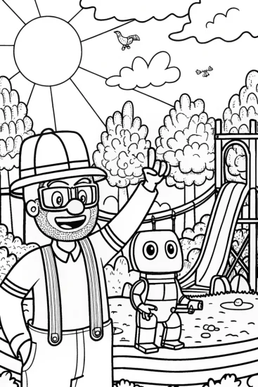 A coloring page of Blippi and the Curious Robot Adventure Fun!