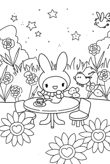 A coloring page of Kuromi’s Magical Tea Party Adventure