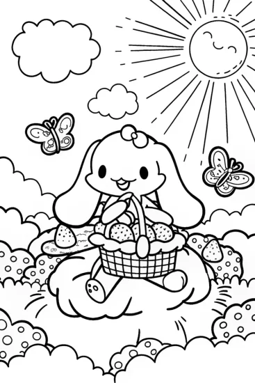 A coloring page of Cinnamoroll’s Joyful Picnic in the Clouds