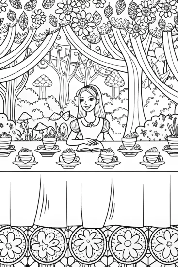 A coloring page of Curious Tea Party with Alice in Wonderland