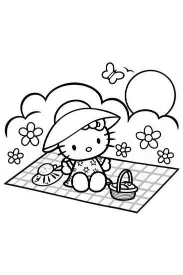 A coloring page of Hello Kitty’s Magical Garden Picnic Adventure