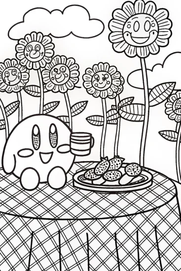 A coloring page of Kirby’s Delightful Garden Party Adventure