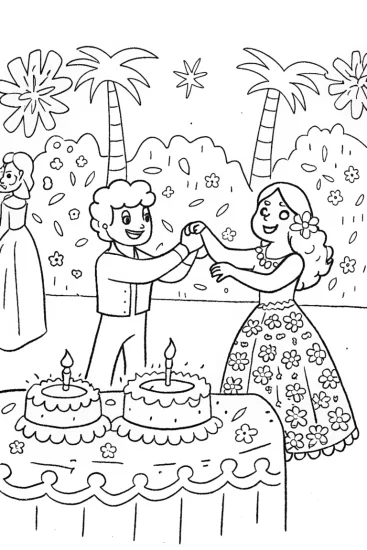 A coloring page of Magical Candlelight Celebration with Dancing Friends