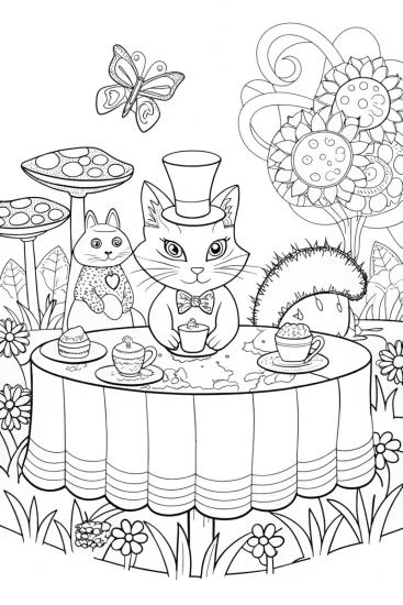A coloring page of Whimsical Cat’s Enchanted Tea Party Adventure
