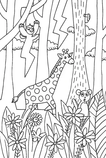 A coloring page of Electric Jungle Adventure with Giraffe and Monkeys