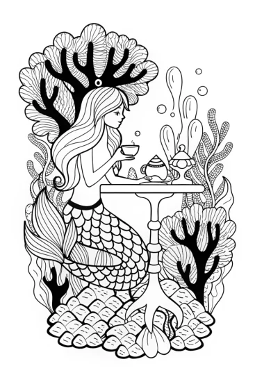 A coloring page of Mermaid’s Garden Tea Party Coloring Page