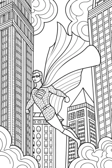 A coloring page of Lightning Fast Adventure with Superhero in the City