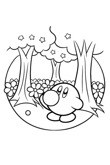 A coloring page of Kirby Adventures in the Bubblegum Forest Coloring Fun