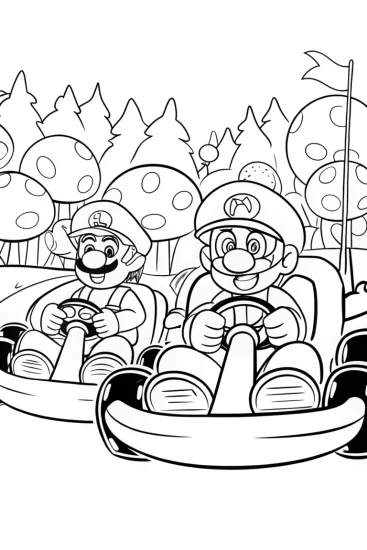 A coloring page of Mushroom Rally Adventure with Mario and Luigi