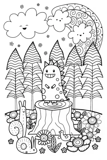 A coloring page of Godzilla’s Whimsical Garden Adventure