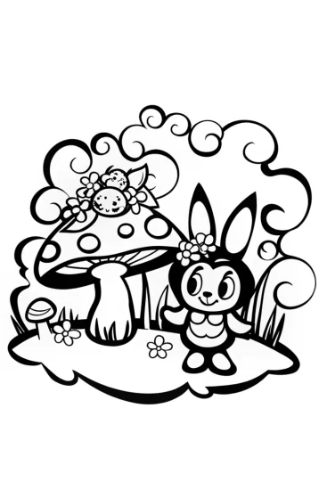 A coloring page of Kuromi’s Magical Mushroom Garden Adventure