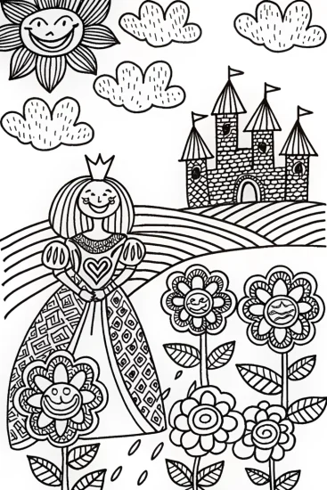 A coloring page of Queen of Hearts Enchanted Garden Coloring Page