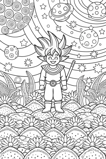 A coloring page of Goku’s Adventure in the Cosmic Garden