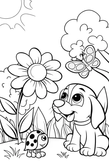 A coloring page of Bluey and Bingo’s Garden Adventure Fun