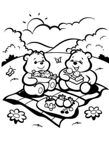 A coloring page of Care Bears Friendship Picnic Adventure